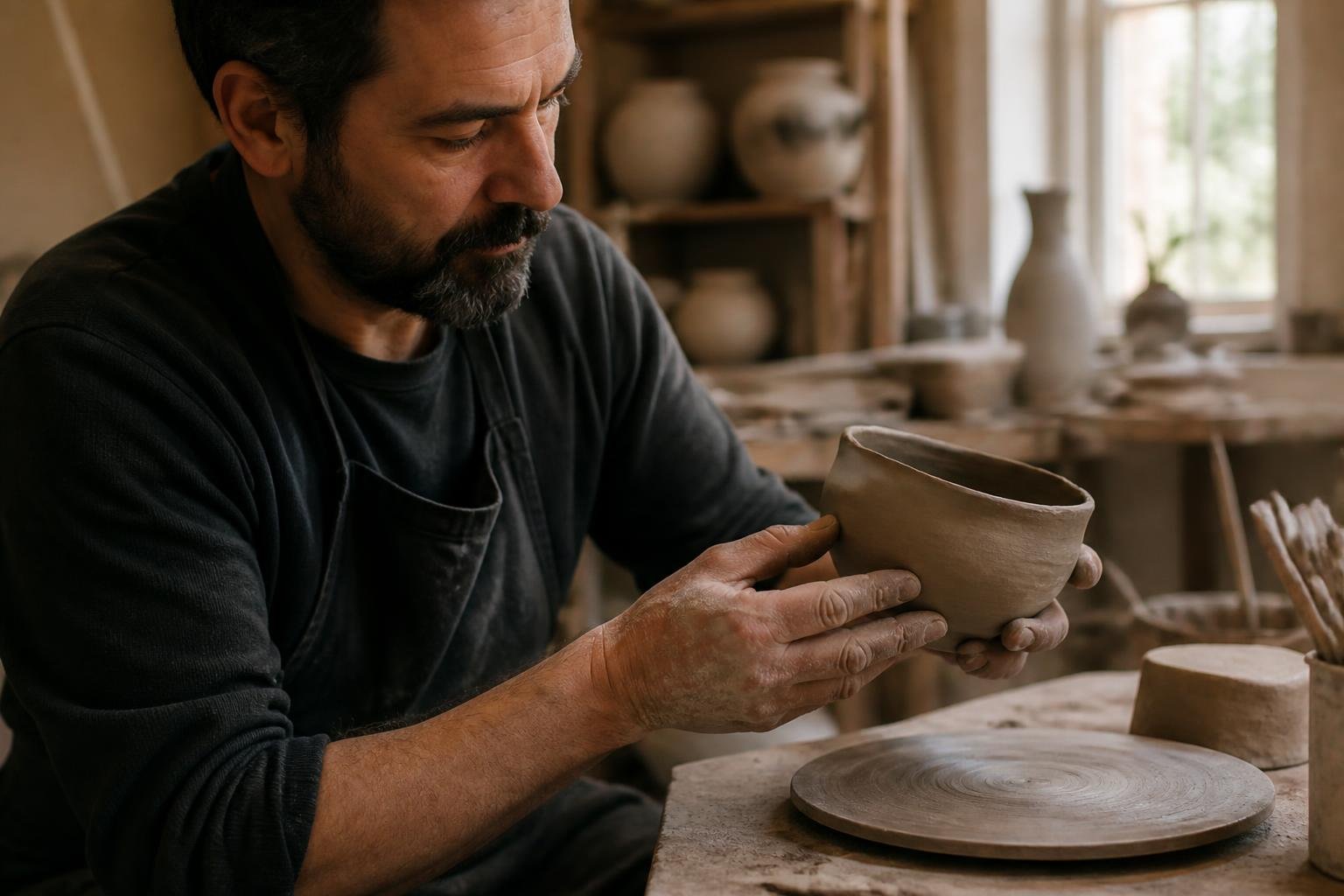 Potier manipulant une pièce de céramique artisanale avant cuisson