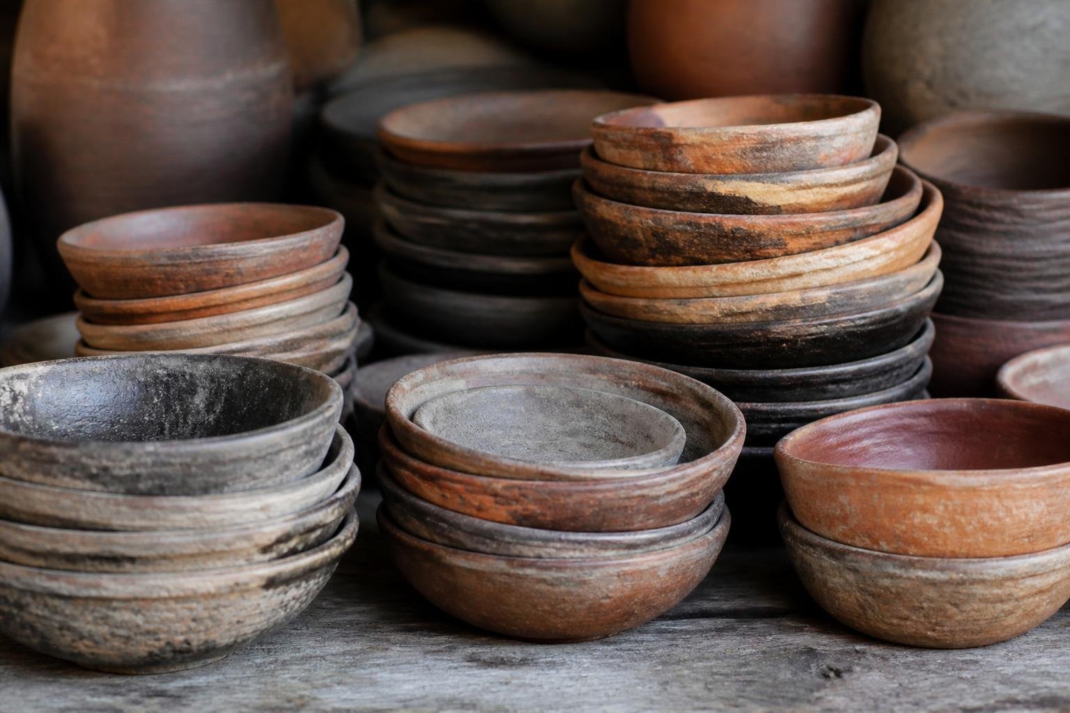 Pièces de terre cuite et grès montrant les variations de couleur naturelles et les nuances de cuisson au four à bois