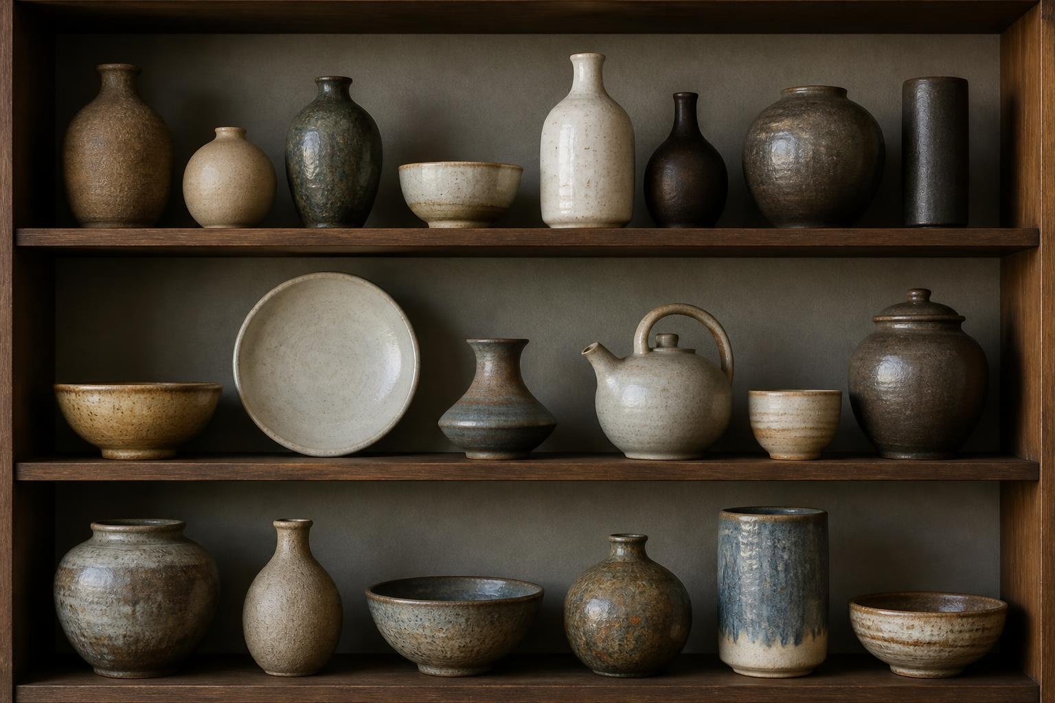 Collection de pièces en céramique et grès exposées, montrant variété de formes et textures