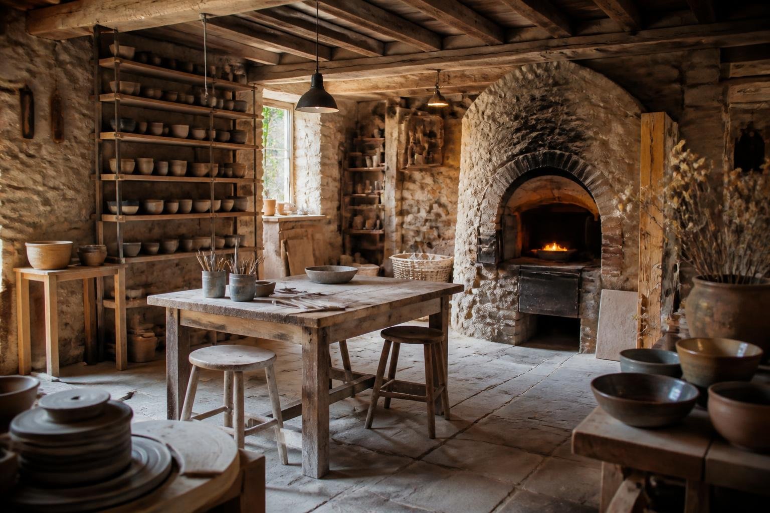 Intérieur d'un atelier de céramique avec fournil, espace de travail et pièces exposées