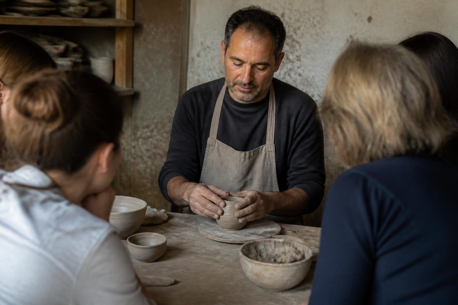 Démonstration de façonnage à la main dans un atelier de poterie